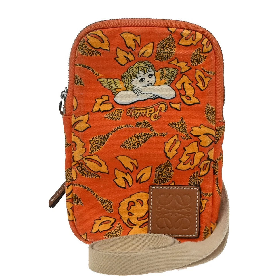 LOEWE Logo Paula Mini Pouch Bag Canvas Leather Orange Spain 30EG039 - Image 1 of 4