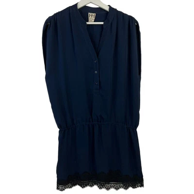 Haute Hippie Size S Silk Navy Blue Dress Lace Trim V-Neck Mini Ruched Shoulders - Image 1 of 4