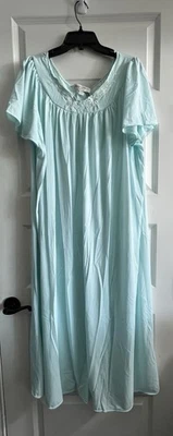 Miss Elaine Vtg Teal Blue Full Length Satin Nightgown Women Sz 3X Short Sleeve - Image 1 of 4