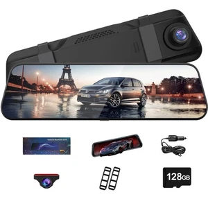 4K Dual cameras dash cam,9.66” Touchscreen Mirror Camera with WiFi,CarPlay/128GB - Bild 1 von 7
