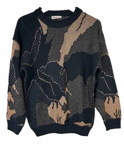 80er 90er Vintage Metallic Gold Bronze Abstrakt Pullover Schwarz Gr. L / XL ? SPUNKY USA - Bild 1 von 8