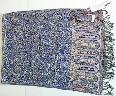 NUEVO CON ETIQUETAS Jerusalén 100% Cachemira Oración Chal Envolvente Bufanda Azul+Rosa con Fleco 47"X70" Foto 1 de 4