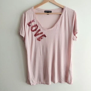 INC International Concepts Pink Love T-shirt L Sequin V-neck Top - Picture 1 of 8