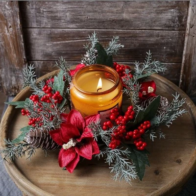 Christmas Candle Wreath Artificial Flower Candle Rings Candlestick Wreath Gift - Image 1 of 4