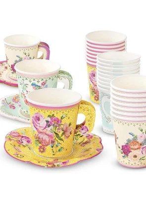 12x Vintage Paper Floral Disposable Tea Cups & Saucer Set, Afternoon Tea P... - Image 1 of 4