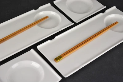 Crate & Barrel Sushi for Two White Porcelain Serving Dish Set 6 pc w/ Chopsticks - Image 1 of 4
