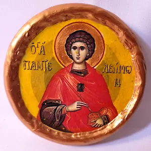 Saint Panteleimon Pantaleon Byzantine Greek Orthodox Round Church Icon - Foto 1 di 4