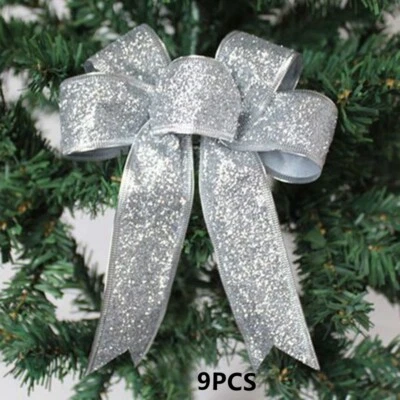 9PCS /Set Christmas Tree Bauble Sparkling Tinsel Silver Bow Decorations - Image 1 of 3