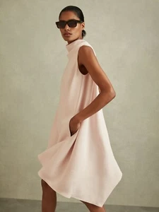 REISS Shauna High Neck Drape Back Mini Dress in Nude/Pink - Picture 1 of 6