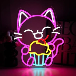 Cute Cat Neon Sign For Wall Decor USB Dimmable LED Light Sign Hello Kit Cartoon - Picture 1 of 7