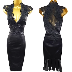 10 UK KAREN MILLEN Black Vintage Satin Lace Neck Tuxedo Cocktail Pencil Dress - Picture 1 of 14