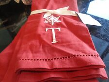 POTTERY Barn Red Hemstitch  GUEST TOWELS mono "T" snowflake S/2 New 