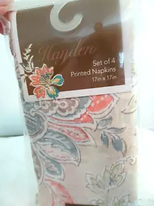 Hayden Set of 4 Printed Napkins-NIP-Paisley-17" Square-Beige/Aqua - Picture 1 of 3