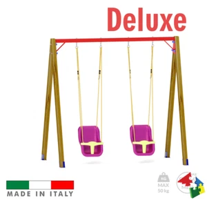 Altalena in legno da giardino Deluxe con due seggiolini a gabbia Giochi bambini - Foto 1 di 6