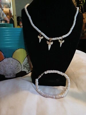 Seashell Necklace With 3 Shark Teeth Matching Bracelet Included  - Image 1 of 4
