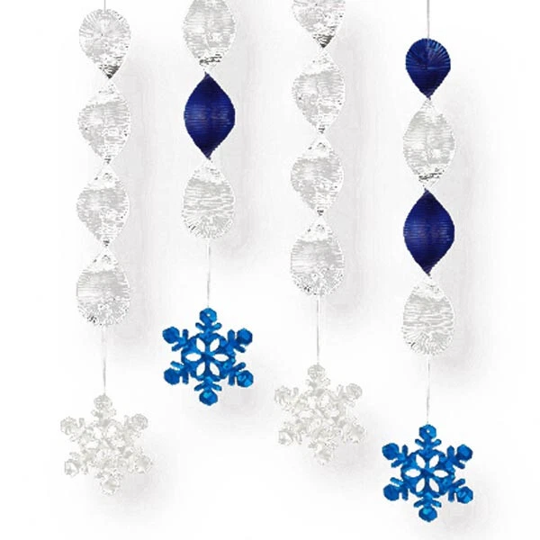 45cm Foil Hanging Swirl Snowflake Christmas Decorations Pack of 4