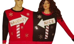 Damen Herren Paare Pailletten SCHÖN ODER FRECH hässlicher Weihnachtspullover Party S M NEU - Bild 1 von 1