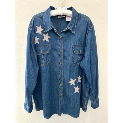 FADED GLORY | Denim Shirt Lighthouse & Star Appliqué Coastal Americana | 22W/24W - Image 1 of 4