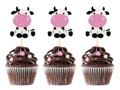 Paquete de 24 adornos para cupcakes de vaca decoraciones para cupcakes de feliz cumpleaños para granja de vacas A... Foto 1 de 4