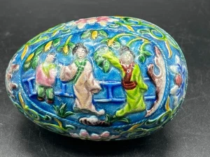 Antique CHINESE CLOISONNE Egg Shaped BOX BRASS COLORFUL, LOVELY AQUA BLUE - Picture 1 of 15