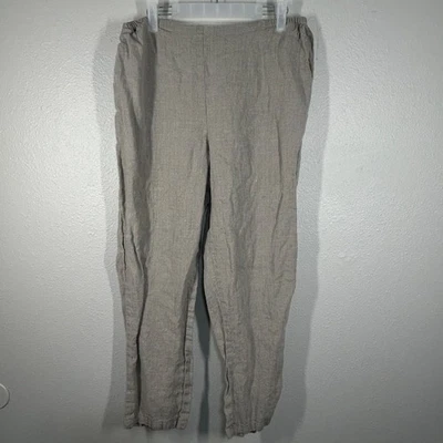 FLAX Pants Womens M 100% Linen Elastic Waist Pull On Straight Casual Taupe - Image 1 of 4