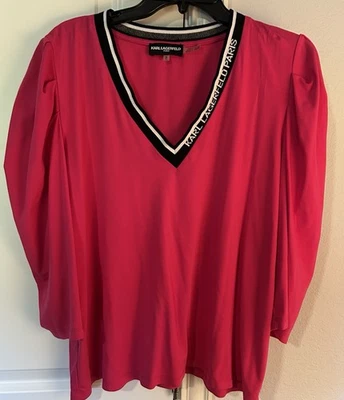 Karl Lagerfeld Women's Top V Neck Logo 3/4 Sleeves Sporty Classic Size XL - Image 1 of 4