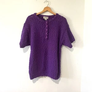 Vintage 1980s P'Galli Designs Purple Nubby Pullover Sweater Button Neck Medium - Picture 1 of 5