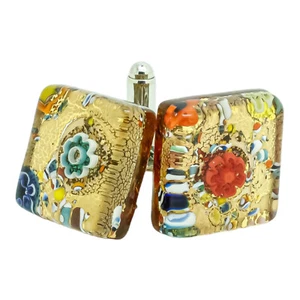 Murano Verre Boutons Manchette Doré Multi Millefiori Paire Carré - Picture 1 of 6