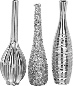 Set of 3 Ceramic Decorative Silver Slim Textured Bottleneck Centerpiece Vases - Picture 1 of 5