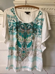 Style & co. 100% Cotton Blue Butterfly Sleeve Paisley Gold Tone Large Top NWT - Picture 1 of 5