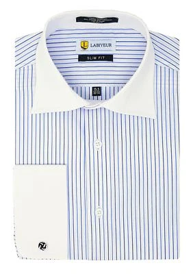 Labiyeur Slim Fit Blue Stripes on White French Cuff Dress Shirt - Image 1 of 4