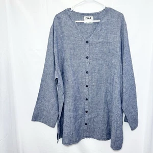FLAX Linen Tunic Top Cardigan 2G/2X Plus Size Blue V Neck Long Sleeve Button Up - Picture 1 of 8