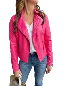 Women's Pink Soft Real 100%Genuine Leather Motorcycle Style Jacket Biker Stylish - Picture 1 of 7