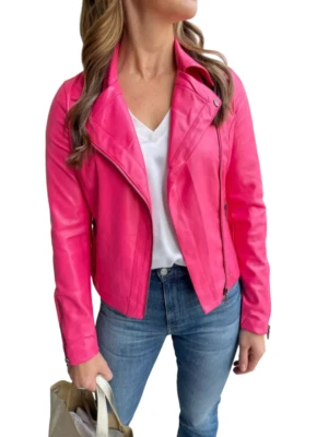 Women's Pink Soft Real 100%Genuine Leather Motorcycle Style Jacket Biker Stylish - Image 1 of 4