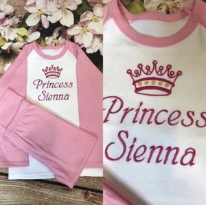 Princess Personalised with embroidered name pink PJ's Pyjamas, Present Gift - Picture 1 of 17