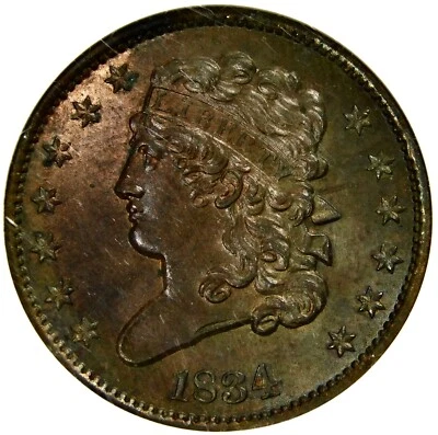 ❤️‍🔥🟤🔥🤎🍫NGC MS64 BN 1834 CLASSIC HEAD HALF CENT - Image 1 of 3