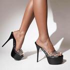 Womens Slippers High Heels Shoes Peep Toe Rhinestone Clear Platform Stilettos 