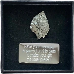 Personalised Gift Box & Hand Made Pewter Indian Chief Pin Badge - Picture 1 of 4