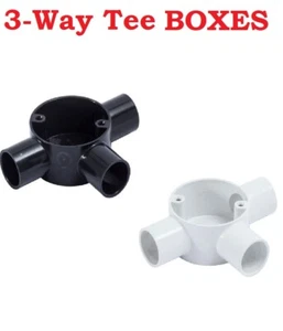 20mm/25mm PVC Tee Box conduit Equal 3 Way White & Black Tees Boxes Adaptors Lids - Picture 1 of 5