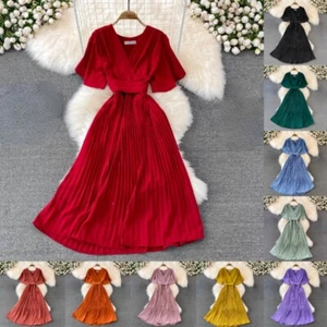 Women Pleated Midi Dress Short Flare Sleeve V-neck Elegant A-line Swing New - Picture 1 of 23