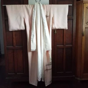 Kimono vintage lungo fatto a mano acquerello rosa bianco impreziosito uccellino manica corta - Foto 1 di 14