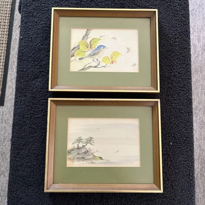 Original Vintage 1970s Watercolor Landscape and Blue Bird Paintings Set of (2) - Image 1 of 4