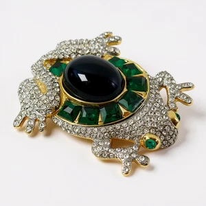 Vintage VALENTINO Garavani Frog Brooch Pin Large Emerald Gold Crystal Cabochon - Picture 1 of 11