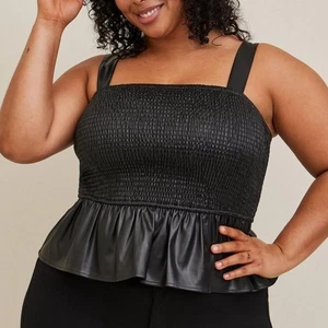 TORRID Peplum Faux Leather Smocked Top Black {C27} - Picture 1 of 4
