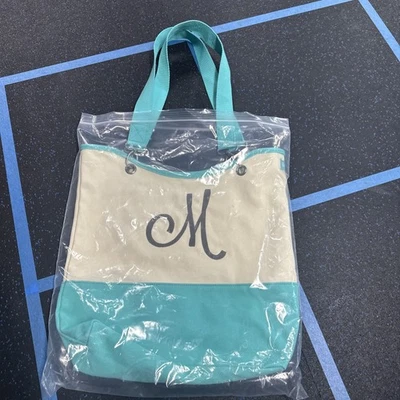 CANVAS CREW by Thirty One Purse Tote Cream Aqua Teal Shoulder Bag “M” Monogram - Image 1 of 4
