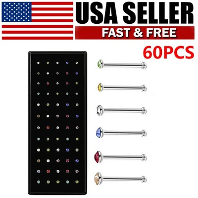 60PCS Color Stud Nose Rings Bone Stud Stainless Steel Pin Jewelry Piercing Body - Image 1 of 4