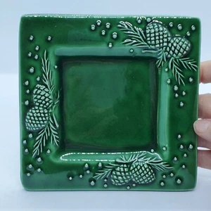 Square Green Ceramic Plate Embossed Pinecones Made Italy Candle Holder Christmas - Picture 1 of 8
