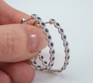 14K White Gold Over 3.00 Ct Simulated Blue Sapphire Diamond Huggie Hoop Earrings - Picture 1 of 5