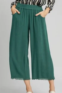 Wide Leg Linen Blend Pants Elastic Waist Raw Hem Pockets - Picture 1 of 9