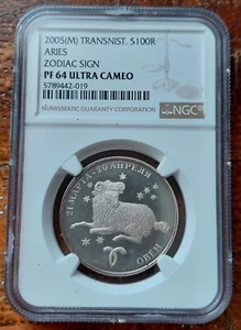 NGC PF64 ULTRA CAMEO TRANSNISTRIA 2005M ARIES ZODIAC SIGN 100 RUBLES SILVER COIN - Picture 1 of 4